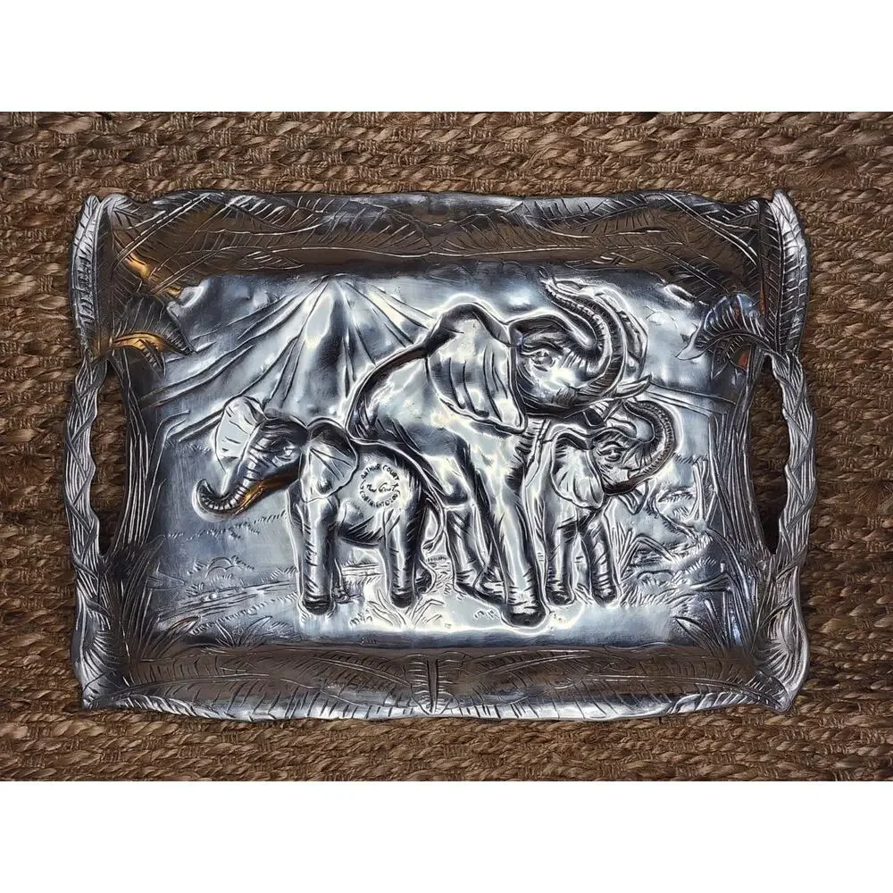 Vintage Arthur Court Elephant African Safari Silver Aluminum Serving Tray 19.5